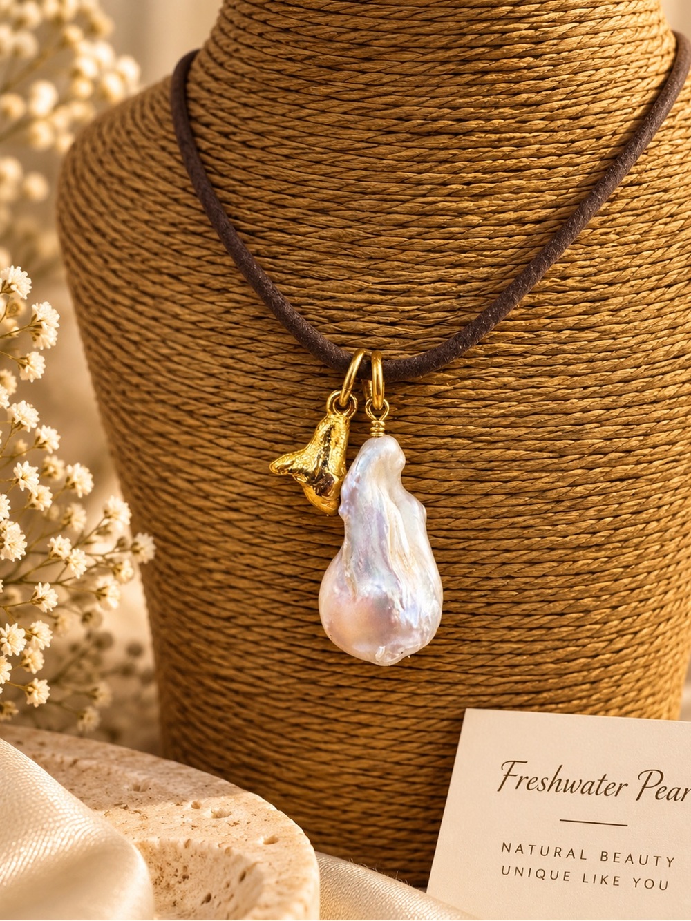 Baroque Freshwater Pearl Pendant Necklace in White and Gold